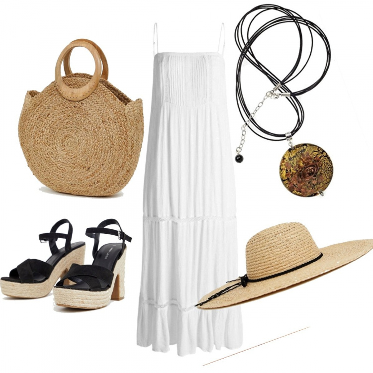 Outfit donna - Relax in bianco. Stile Etnico per Mare. Abbinamento con vestito bianco, espadrillas nero, orologio maxi in paglia, collana in argento 925, cappello in paglia forma intrecciata beige.