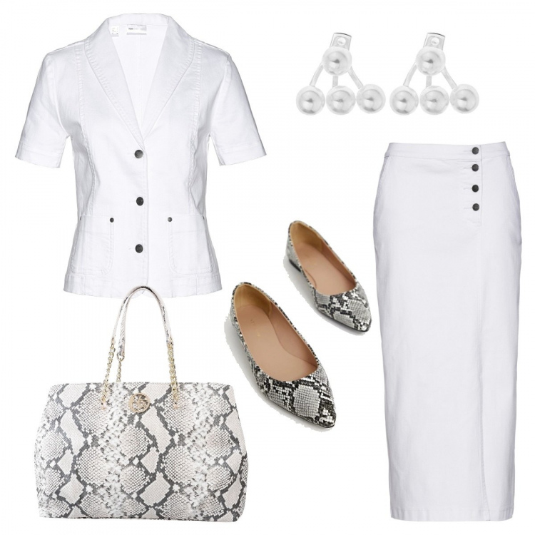 Outfit donna - Bianco e animalier. Stile Chic per Tutti i giorni. Abbinamento con gonna in denim, blazer a maniche corte in denim, borsa a mano maxi con stampa e zip interno foderato in pelle sintetica blu, scarpe, orecchini in argento 925 bianco.