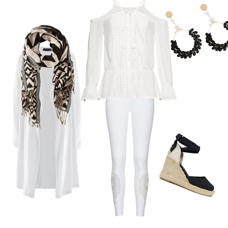 Outfit donna - Trendy #10596. Stile Trendy Abbinamento con cardigans, scialli, blusa con pizzo e spalle scoperte con laccetti bianco, leggings con pizzo bianco, orecchini, scarpe nero.