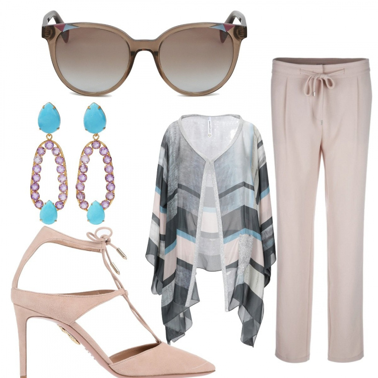 Outfit donna - Soft. Stile Bon Ton per Tutti i giorni. Abbinamento con cardigan fantasia multicolore effetto laminato collo a v a maniche 3/4 crêpe, orecchini con strass e farfallina, stiletti, mutande, occhiali da sole.