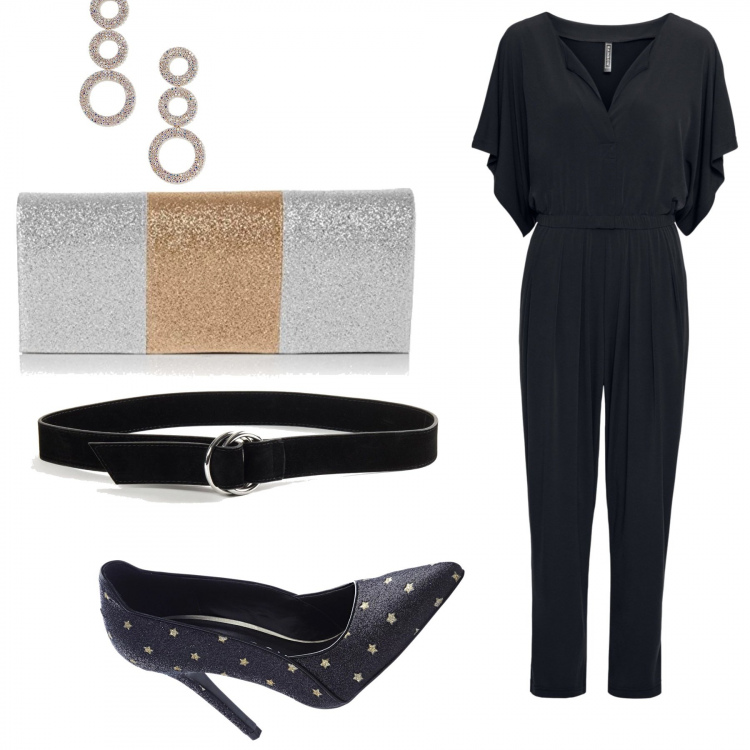 Outfit donna - Tuta protagonista. Stile Chic per Serata fuori. Abbinamento con vestiti chemisier, tuta nero, pochette argento, cintura tinta unita nero, orecchini pendenti con strass e cerchi oro.