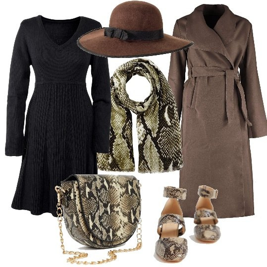 Outfit donna - Chic #5862. Stile Chic per Tutti i giorni. Abbinamento con vestiti, cappello con fiocco marrone, cappotto con cintura, scarpe motivo serpente con tacco largo e punta quadrata pianta larga, borsa a tracolla motivo serpente, sciarpa taglia unica marrone.