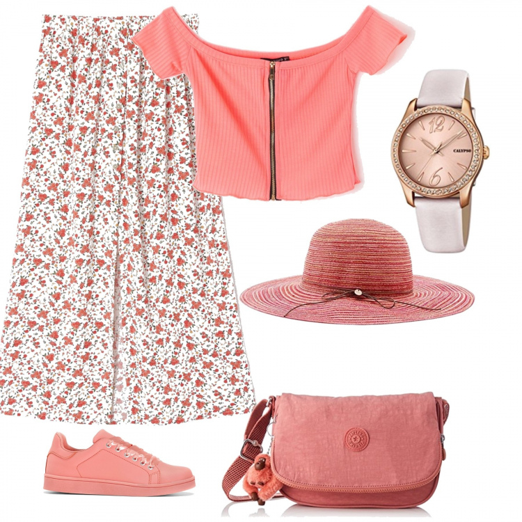 Outfit donna - In cerca di uova. Stile Basic per Tutti i giorni. Abbinamento con sneakers, gonna lunga fantasia floreale con bottoni bianco, top a coste con spalle scoperte crop con zip rosa, borsa a tracolla con zip rosa, cappello rosa, orologio analogico in pelle rosa.