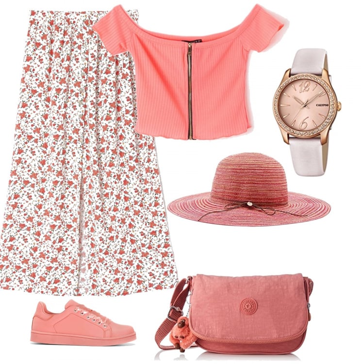 Outfit donna - In cerca di uova. Stile Basic per Tutti i giorni. Abbinamento con sneakers, gonna lunga fantasia floreale con bottoni bianco, top a coste con spalle scoperte crop con zip rosa, borsa a tracolla con zip rosa, cappello rosa, orologio analogico in pelle rosa.