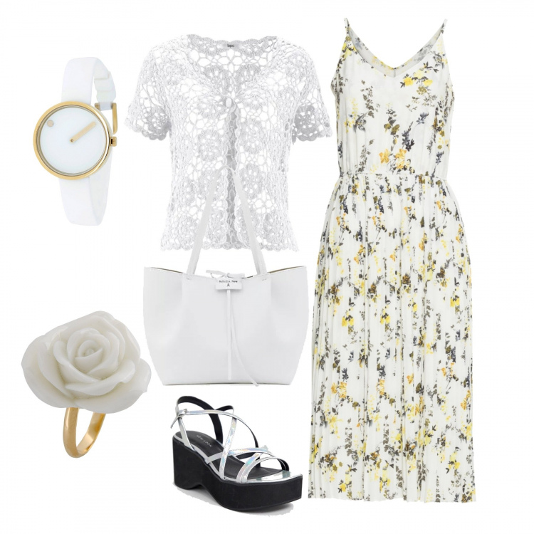Outfit donna - Brillante. Stile Bon Ton per Cerimonia. Abbinamento con vestito lungo, bolero, anello, orologio con fibbia, sandali flatform collo aperto argento, pochette in pelle martellata con zip.