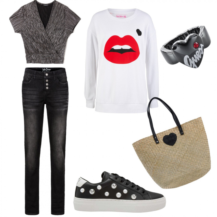 Outfit donna - Bardot. Stile Urban per Scuola/Università. Abbinamento con pantaloni a palazzo, jeans in denim nero, borsa a mano fantasia multicolore taglia media doppio manico in pelle sintetica, t-shirt plissè a maniche corte crop argento, sneakers con perle fantasia con lacci, anello con zirconia grigio.