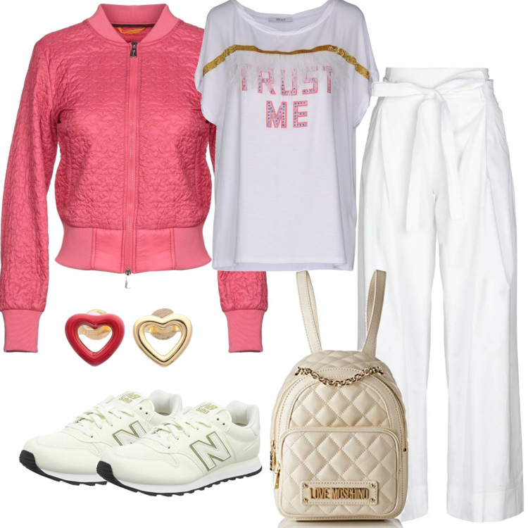 Outfit donna - Arriva l\'estate. Stile Urban per Tutti i giorni. Abbinamento con pantalone chino, giubbino, t-shirt senza tasche contrasto collo tondo a maniche corte jersey, orecchini con farfallina oro e argento, scarpe sport in pelle bianco e beige, zaino avorio e beige.