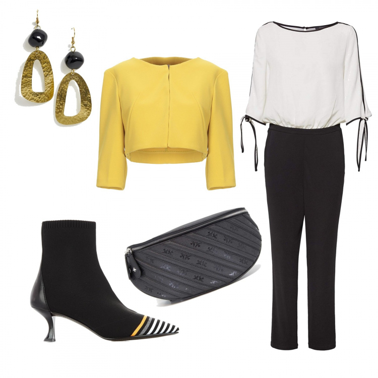 Outfit donna - Yellow Is the new black. Stile Trendy per Ufficio. Abbinamento con giacca collo tondo a maniche lunghe interno semi-foderato crêpe, tuta bianco, marsupio con stampa e zip con logo, stivaletti nero, orecchini oro.