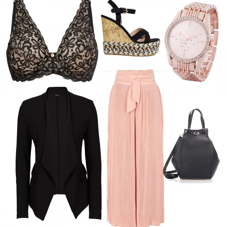 Outfit donna - Sexy #1083. Stile Sexy per Serata fuori. Abbinamento con pantalone plissè crêpe, reggiseni, blazer in maglina, orologi, borsa a mano contrasto con zip e punta tonda con tracolla removibile nero, espadrillas con zeppe nero.