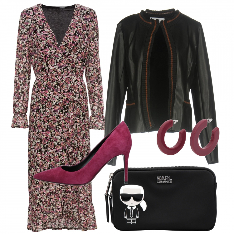 Outfit donna - L\'abito midi fantasia. Stile Chic per Serata fuori. Abbinamento con vestiti lunghi, giacca scollatura profonda a maniche lunghe interno sfoderato in pelle sintetica tinta unita, pochette con stampa e zip interno foderato in tessuto tecnico tinta unita, décolleté, orecchini.