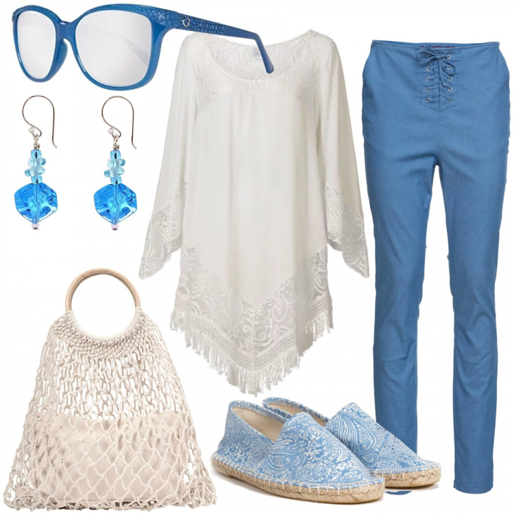Outfit donna - La casacca con merletto e frange. Stile Trendy per Tutti i giorni. Abbinamento con vestiti da spiaggia, pantaloni capri, borsa a mano maxi doppio manico tinta unita, espadrillas paisley con punta tonda azzurro, occhiali da sole blu, orecchini in argento 925.