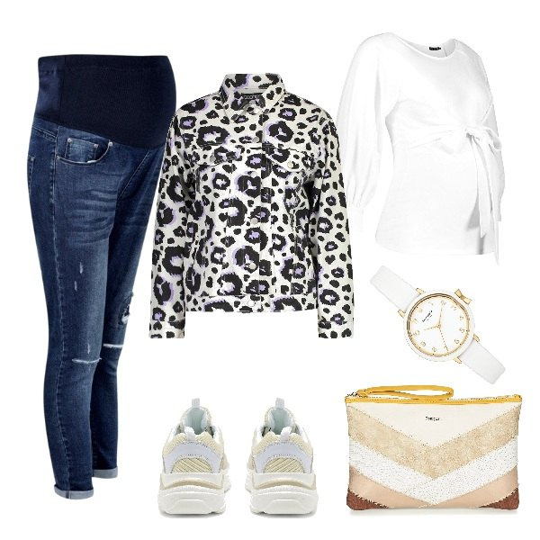 Outfit donna - Basic #6347. Stile Basic per Tutti i giorni. look ideale per Premaman. Abbinamento con orologio con fibbia, jeans skinny premaman, camicetta premaman con balze, giacca con stampa in denim, scarpe con plateau da ginnastica con lacci, portamonete.