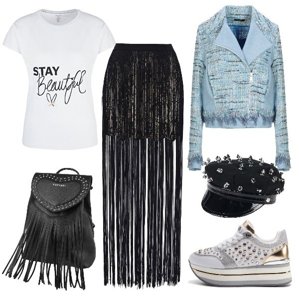 Outfit donna - Mille frange in città. Stile Urban per Tutti i giorni. Abbinamento con gonna, giacca tweed con frange collo con revers a maniche lunghe con zip interno foderato in denim monopetto, borsa, cappelli, sneakers con strass glitter con lacci in ecopelle, t-shirt bianco.