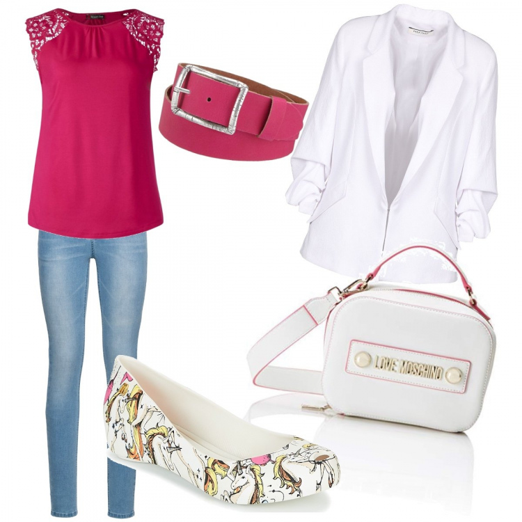 Outfit donna - Total look #267007. Abbinamento con giacca con arricciature interno foderato crêpe, jeans skinny blu, ballerine bianco, canottiera rosa, borsa a mano bianco, cinture.