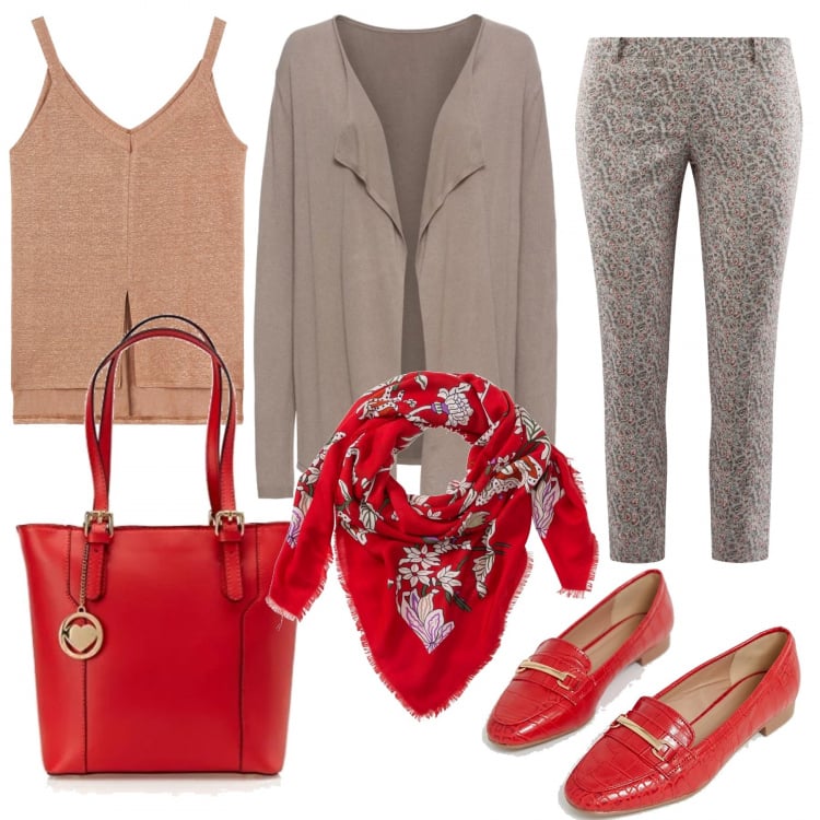 Outfit donna - Rosso accessorio. Stile Bon Ton per Tutti i giorni. Abbinamento con maglieria, sciarpa copricapo fantasia floreale rosso, pantalone aderente grigio, mocassini pianta larga rosso, canottiera maxi marrone, shopping bag rosso.