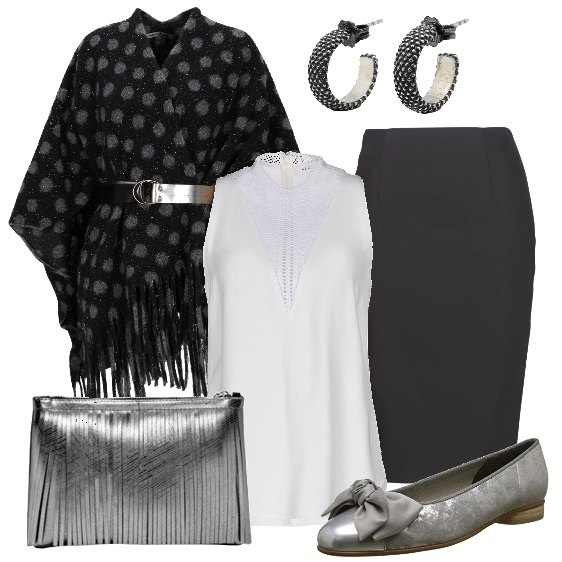 Outfit donna - Le ballerine argento. Stile Trendy per Serata fuori. look ideale per Tall. Abbinamento con top con pizzo effetto acetato collo tondo senza maniche con zip crêpe, mantella lavorato a maglia, orecchini, gonna nero, ballerine grigio, pochette con frange taglia media con zip.