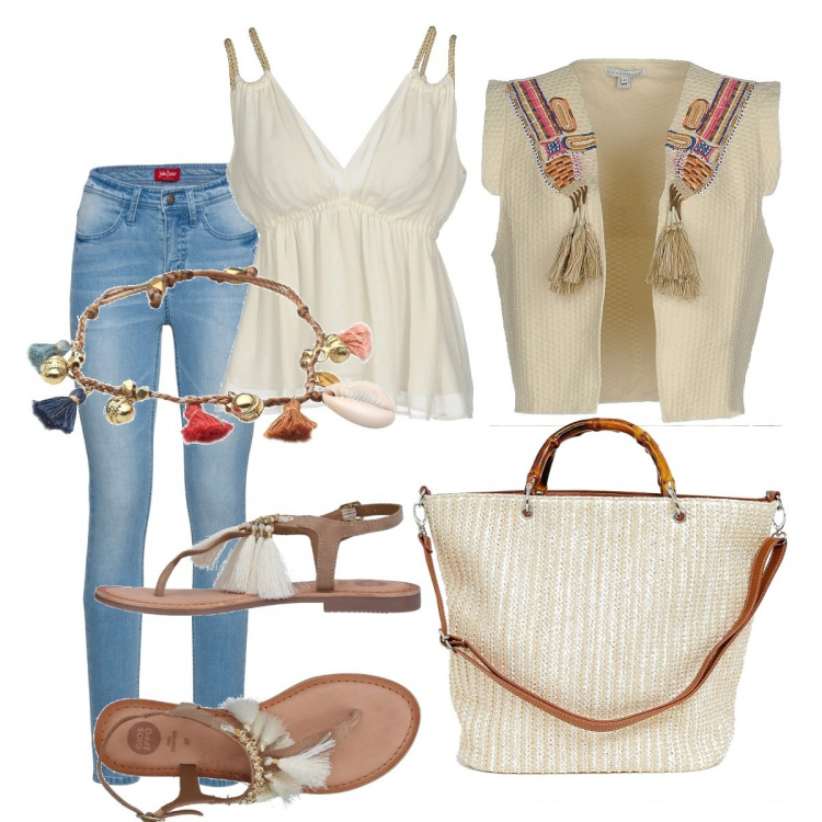 Outfit donna - Trendy #10739. Stile Trendy per Tutti i giorni. Abbinamento con top effetto laminato scollatura profonda in viscosa crêpe, top con perline scollatura profonda senza maniche interno foderato jacquard, infradito effetto scamosciato senza tacco con fibbia e punta tonda con nappine, bracciale oro, jeans skinny blu, shopping bag con manico e stampa con spalline a calamita.