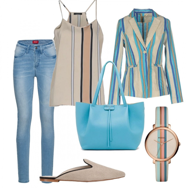 Outfit donna - Righe su righe. Stile Trendy per Serata fuori. Abbinamento con giacca, top a righe effetto acetato scollatura profonda twill, orologio con fibbia, sabot contrasto a punta tinta unita, jeans skinny blu, pochette in pelle martellata con zip.