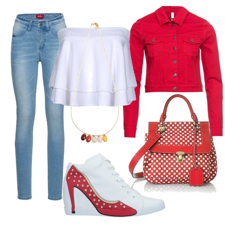 Outfit donna - Trendy #10747. Stile Trendy per Tutti i giorni. Abbinamento con sneakers tennis con zeppe e stampa con punta tonda tinta unita, top con balze scollatura profonda senza maniche con fasce crêpe, collana in ottone con gancetto oro, jeans skinny blu, giacca in denim, borsa a spalla rosso.