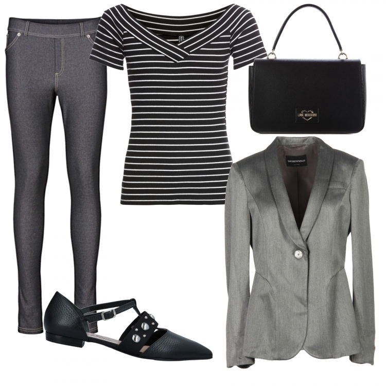 Outfit donna - Trendy #10763. Stile Trendy per Ufficio. Abbinamento con jeggings, maglia con scollo a maniche corte nero, ballerine, giacca effetto acetato collo con revers a maniche lunghe interno foderato in raso tinta unita, borsa a tracolla con manico e frange con zip in pelle sintetica con bottoni nero.