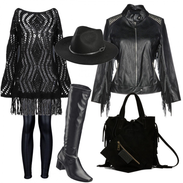 Outfit donna - Black cowgirl. Stile Rock per Serata fuori. Abbinamento con stivali, giacca, pullover senza tasche lavorato a maglia collo tondo a maniche lunghe in mohair tinta unita, cappello contrasto taglia media interno sfoderato tinta unita, leggings vita alta, pochette con frange e laccetti nero.