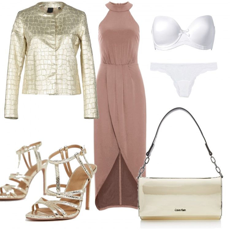 Outfit donna - Trendy #10777. Stile Trendy per Serata fuori. Abbinamento con reggiseni, vestito lungo a portafoglio rosa, giacca effetto laminato collo tondo a maniche lunghe interno foderato jacquard, slip con pizzo in tulle tinta unita, sandali motivo serpente oro, clutch.