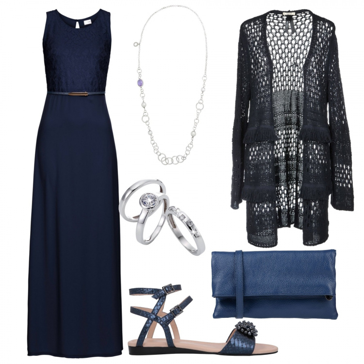 Outfit donna - Cerimonia Curvy. Stile Bon Ton per Cerimonia. Abbinamento con vestiti lunghi, anelli, cardigan senza tasche lavorato a maglia scollatura profonda a maniche lunghe tinta unita, borsa a mano taglia media interno foderato tinta unita, sandali pelle con strass e stampa effetto laminato senza tacco con cinturino e punta tonda tinta unita, collana con strass e perline.