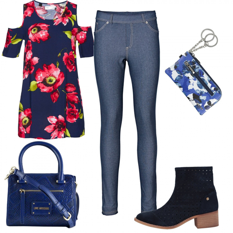 Outfit donna - Trendy #10794. Stile Trendy per Ufficio. Abbinamento con jeggings, tunica, stivali e anfibi, portachiavi fantasia floreale con zip interno foderato, borsa a tracolla con zip interno foderato in ecopelle con tasca interna.