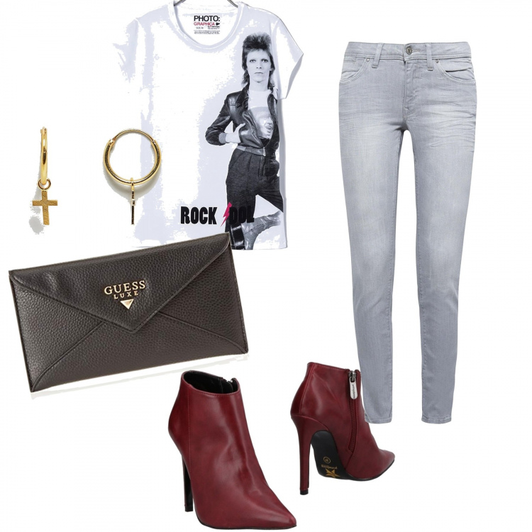 Outfit donna - Rock. Stile Rock per Serata fuori. Abbinamento con stivaletti con zip a punta tinta unita, orecchini pendenti argento e oro, portafoglio nero, jeans skinny grigio, t-shirt con stampa e scollo a maniche corte in cotone bianco.