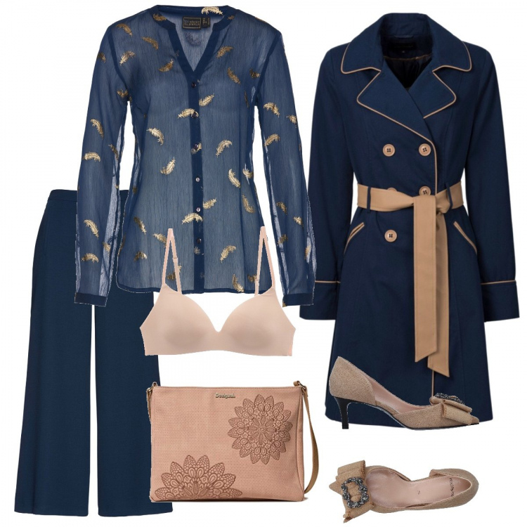 Outfit donna - Beige e blu : chi ti ferma più!. Stile Sexy per Ufficio. Abbinamento con trench, blusa, pantaloni capri, décolleté con fiocco e strass a punta tinta unita, reggiseno push-up interno imbottito jersey, borsa a tracolla rosa.