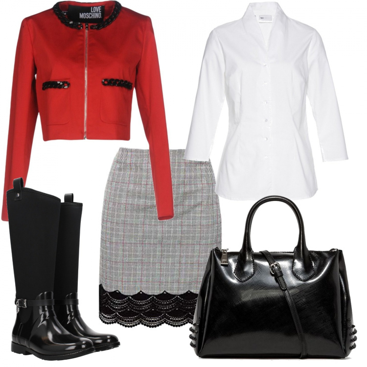 Outfit donna - Bon Ton #5271. Stile Bon Ton per Ufficio. Abbinamento con camicie, giacca contrasto collo tondo a maniche lunghe con zip interno foderato tinta unita, stivali nero, gonna nero, borsa a mano effetto vernice taglia media con zip e tracolla regolabile.