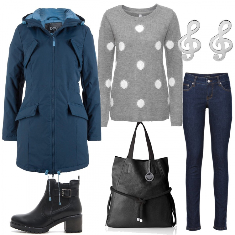 Outfit donna - Grey ottimo direi!!!. Stile Basic per Ufficio. Abbinamento con jeans skinny, giacca blu, maglione a pois filato grigio, tronchetti con tacco basso, shopping bag nero, orecchini in sterling 925 ipoallergenico argento e bianco.