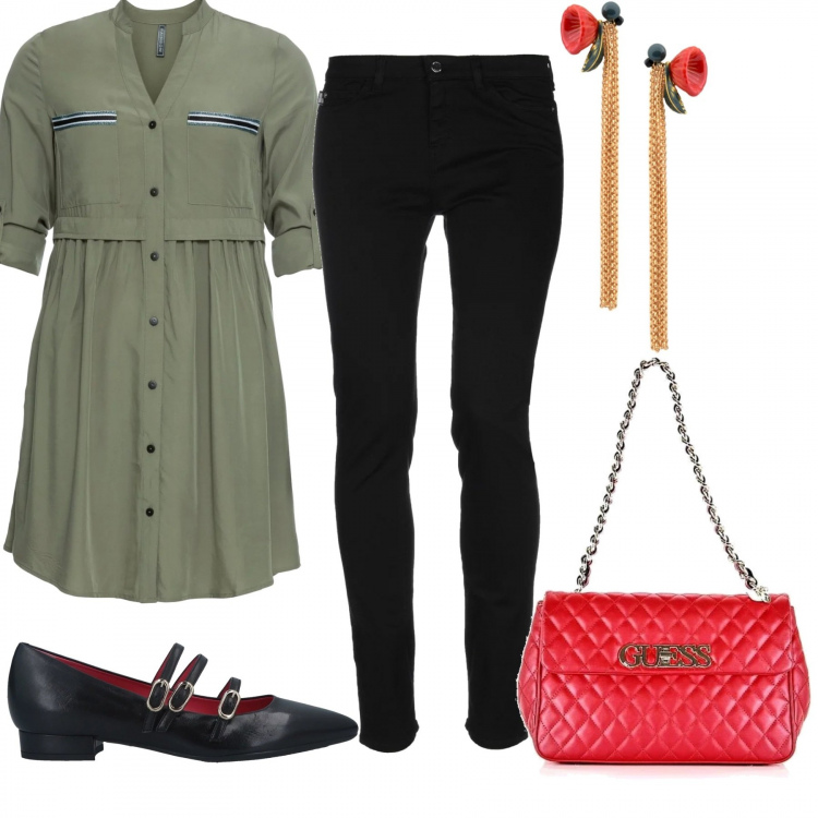 Outfit donna - Borsa. Matelasse. Stile Trendy per Tutti i giorni. Abbinamento con vestiti chemisier, pantalone con zip twill, ballerine con tacco squadrato e fibbia a punta tinta unita rosso, orecchini con farfallina in ottone oro, shopping bag con zip in ecopelle oro.