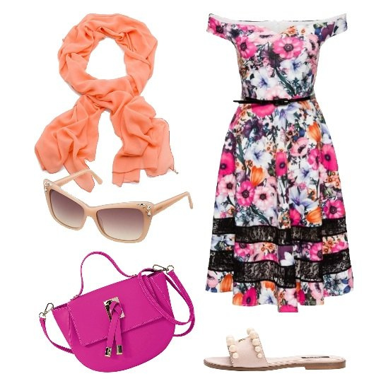 Outfit donna - Pranzo in riva al mare. Stile Bon Ton per Tutti i giorni. Abbinamento con maglieria, sandali, borsa a tracolla fucsia e oro, occhiali da sole rosa e marrone, foulard.