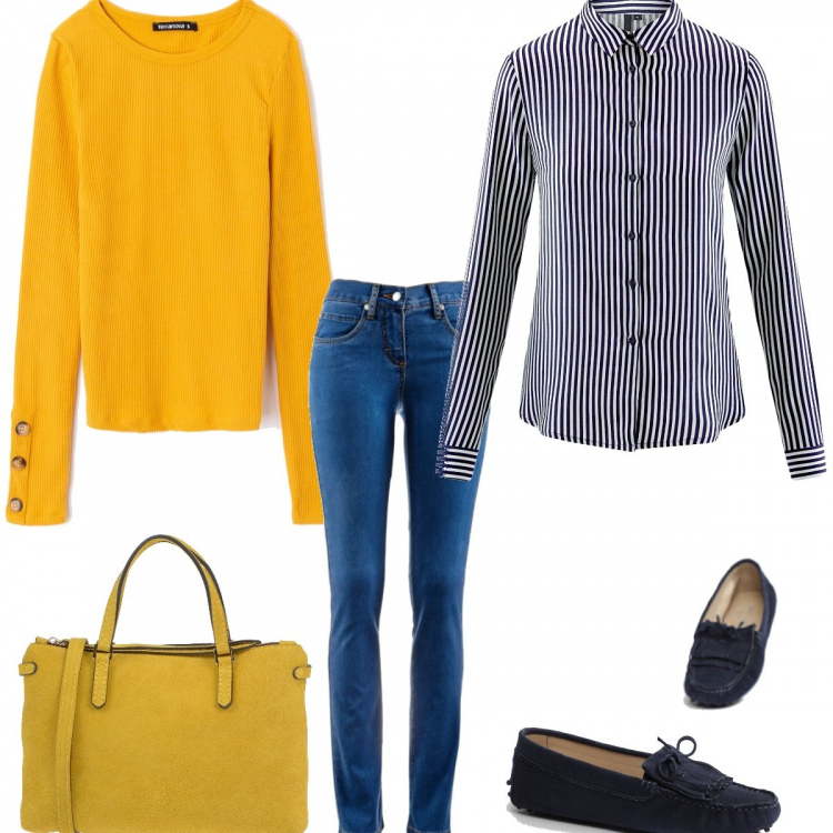 Outfit donna - #Mi vesto bene con poco. Stile Urban per Tutti i giorni. Abbinamento con jeans dritti, borsa a mano effetto scamosciato taglia media con zip interno foderato tinta unita, t-shirt a coste girocollo a maniche lunghe con bottoni giallo, mocassini effetto scamosciato con punta tonda navy, camicetta con stampa aderente blu.
