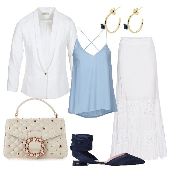 Outfit donna - Primavera in bianco. Stile Trendy per Tutti i giorni. Abbinamento con top, ballerine, orecchini, gonna lunga con pizzo bianco, giacca bianco, borsa a tracolla con manico in pelle sintetica con tracolla regolabile bianco e oro.