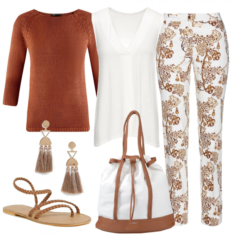 Outfit donna - Pantaloni fantasia e intrecci di cuoio. Stile Basic per Tutti i giorni. Abbinamento con top, pantalone fantasia elasticizzato bianco, borsa a mano maxi contrasto con coulisse interno sfoderato in pelle sintetica tinta unita, maglione girocollo aderente marrone, sandali con spalline in denim elasticizzato, orecchini pendenti farfalla con nappine oro.