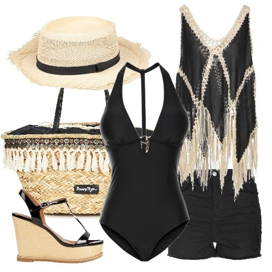Outfit donna - People from Ibiza. Stile Etnico per Mare. look ideale per Petite. Abbinamento con costumi interi, top fantasia lavorato a maglia senza maniche vestibilità ampia, shorts con frange vita alta con zip in denim tinta unita, cappello in paglia tinta unita, borsa beige, sandali con zeppe e cinturino.