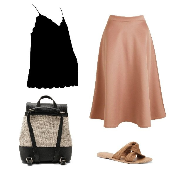 Outfit donna - Total look #267843. per Tutti i giorni. look ideale per Premaman. Abbinamento con gonna longuette maxi con orlo, top, zaino con frange, ciabatte.