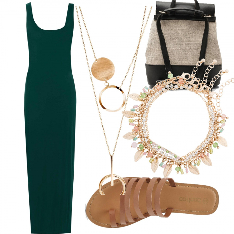 Outfit donna - New shop:Bohoo. Stile Etnico per Tutti i giorni. Abbinamento con bracciale, collana oro, vestito lungo skater maxi con scritte aderente bianco e vivace, ciabatte con fasce, zaino con frange.