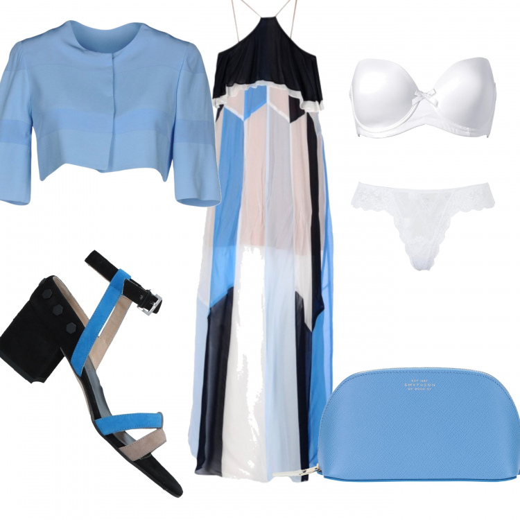 Outfit donna - Bon Ton #5307. Stile Bon Ton per Tutti i giorni. Abbinamento con reggiseni, vestiti lunghi, sandali pelle contrasto effetto scamosciato con tacco squadrato a punta, giacca effetto acetato collo tondo a maniche corte interno foderato in seta crêpe, perizoma con pizzo tinta unita, borse.