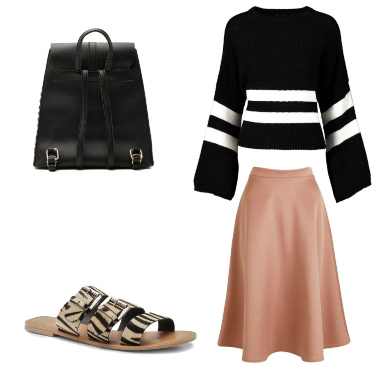 Outfit donna - Total look #267922. Abbinamento con pullover a righe, gonna longuette maxi con orlo, zaino, ciabatte con fibbia.