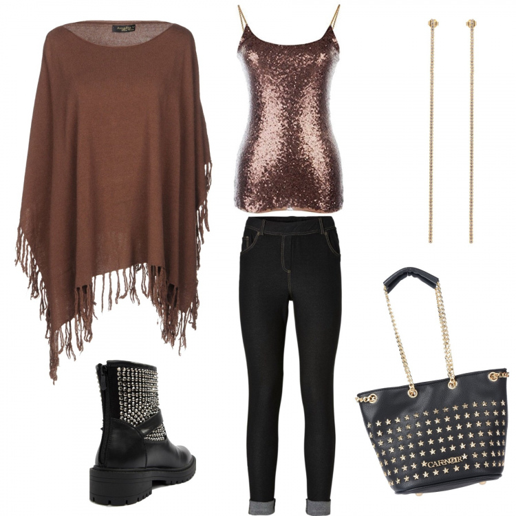 Outfit donna - Biker e mantella Terra. Stile Rock per Tutti i giorni. Abbinamento con jeggings, borsa a mano mini con borchie e zip interno foderato in pelle sintetica tinta unita, mantella senza tasche lavorato a maglia collo tondo interno sfoderato tinta unita, orecchini con farfallina argento e oro, catena mini glitter senza maniche, stivaletti con borchie e zip con punta tonda.