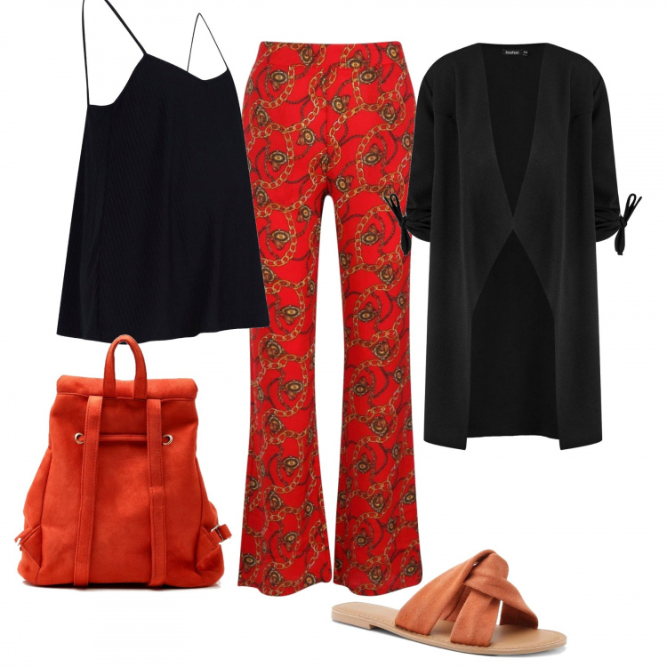 Outfit donna - Aria di vacanze. Stile Etnico per Tutti i giorni. Abbinamento con pantalone con stampa in raso, spolverino, top premaman, zaino con coulisse, ciabatte.