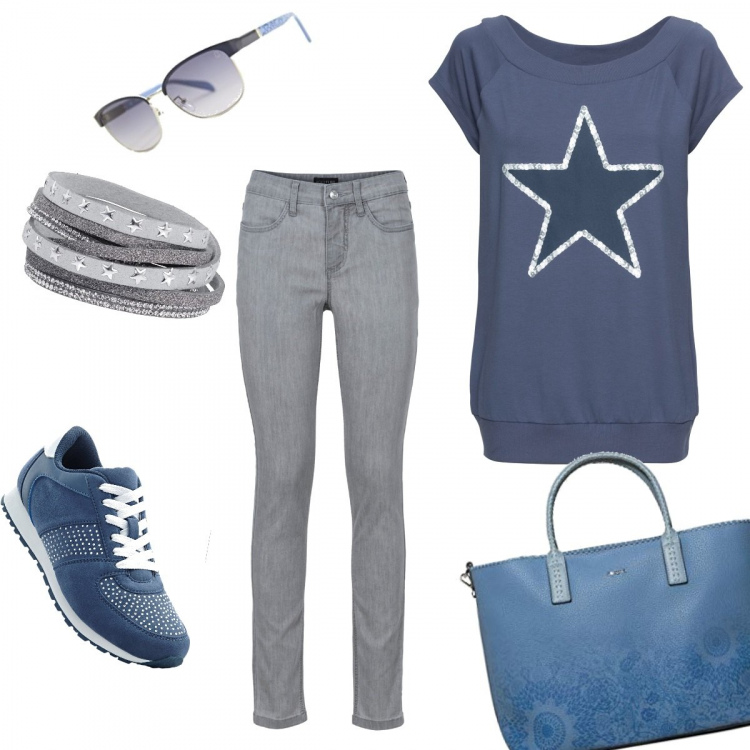 Outfit donna - Urban #3888. Stile Urban per Tutti i giorni. Abbinamento con jeans skinny, maglia taglio dritto con scollo blu, jeans dritti, braccialetti, borsa a spalla blu, occhiali da sole argento.