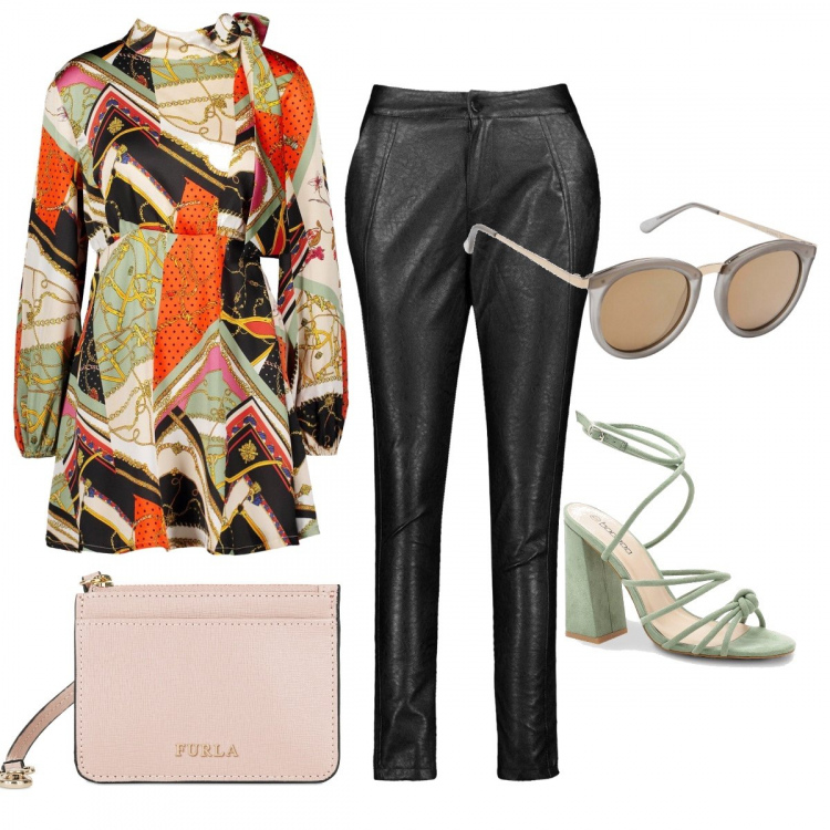 Outfit donna - Trendy #10963. Stile Trendy per Tutti i giorni. Abbinamento con occhiali da sole lenti colorate in montatura in metallo, vestito skater, scarpe con tacco con nodi e tacco largo, pantalone, portamonete.