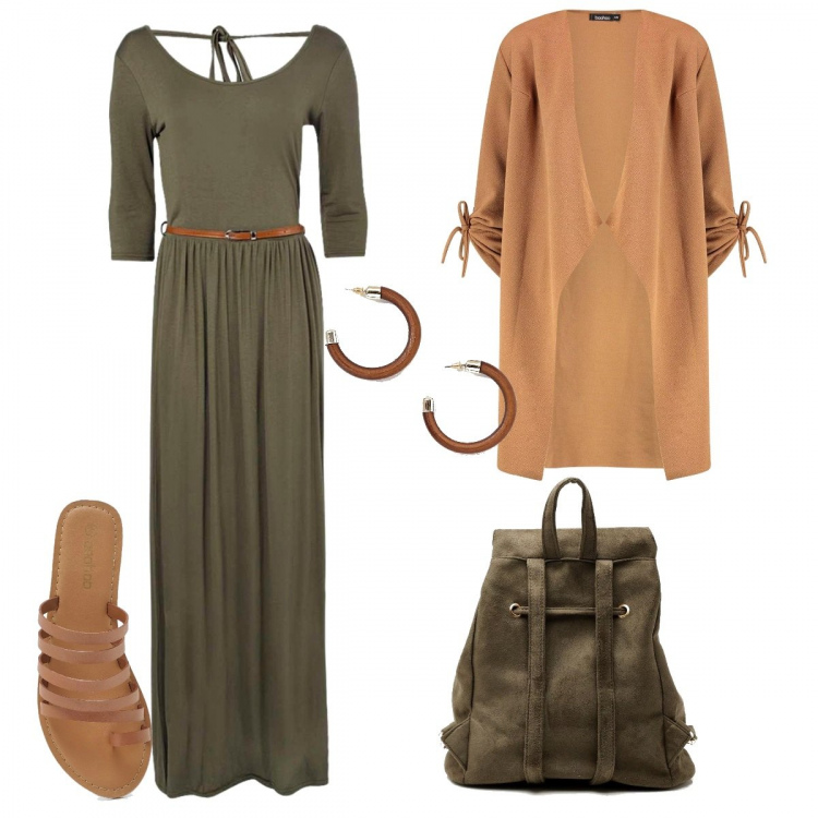 Outfit donna - Colori naturali. Stile Basic per Tutti i giorni. Abbinamento con vestito lungo skater maxi con scritte e scollo aderente bianco e vivace, spolverino, zaino con coulisse, ciabatte con fasce, orecchini farfalla oro.