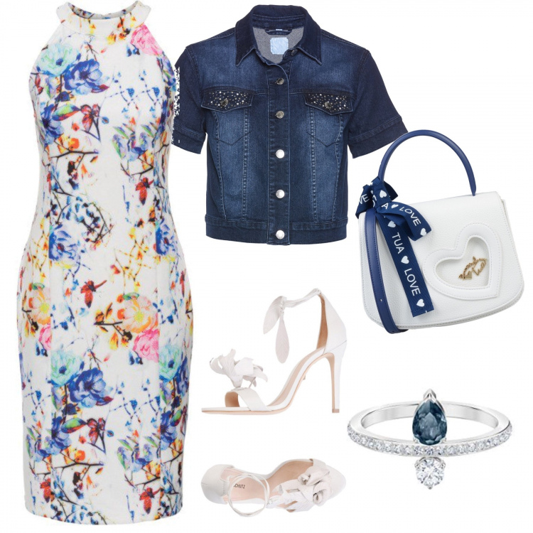 Outfit donna - Con Lui. Stile Sexy per Serata fuori. Abbinamento con borsa a mano mini con manico in pelle martellata interno foderato in pelle sintetica tinta unita, sneakers, vestito fantasia floreale con scollo bianco, bolero in denim blu, anello coordinato azzurro e blu.