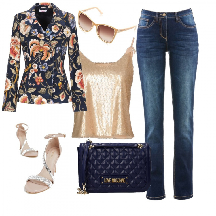 Outfit donna - Old Style. Stile Trendy per Ufficio. Abbinamento con jeans dritti, top con paillettes collo tondo senza maniche jersey, giacca, borse a spalla, sandali, occhiali da sole bianco e marrone.