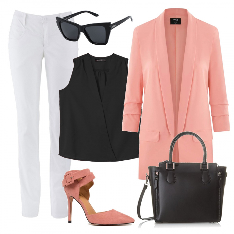 Outfit donna - Lo stile di Amal. Stile Bon Ton per Tutti i giorni. Abbinamento con pantaloni, occhiali da sole montatura in plastica, blusa nero, blazer collo aperto aderente rosa, scarpe con tacco alto a punta, shopping bag nero.